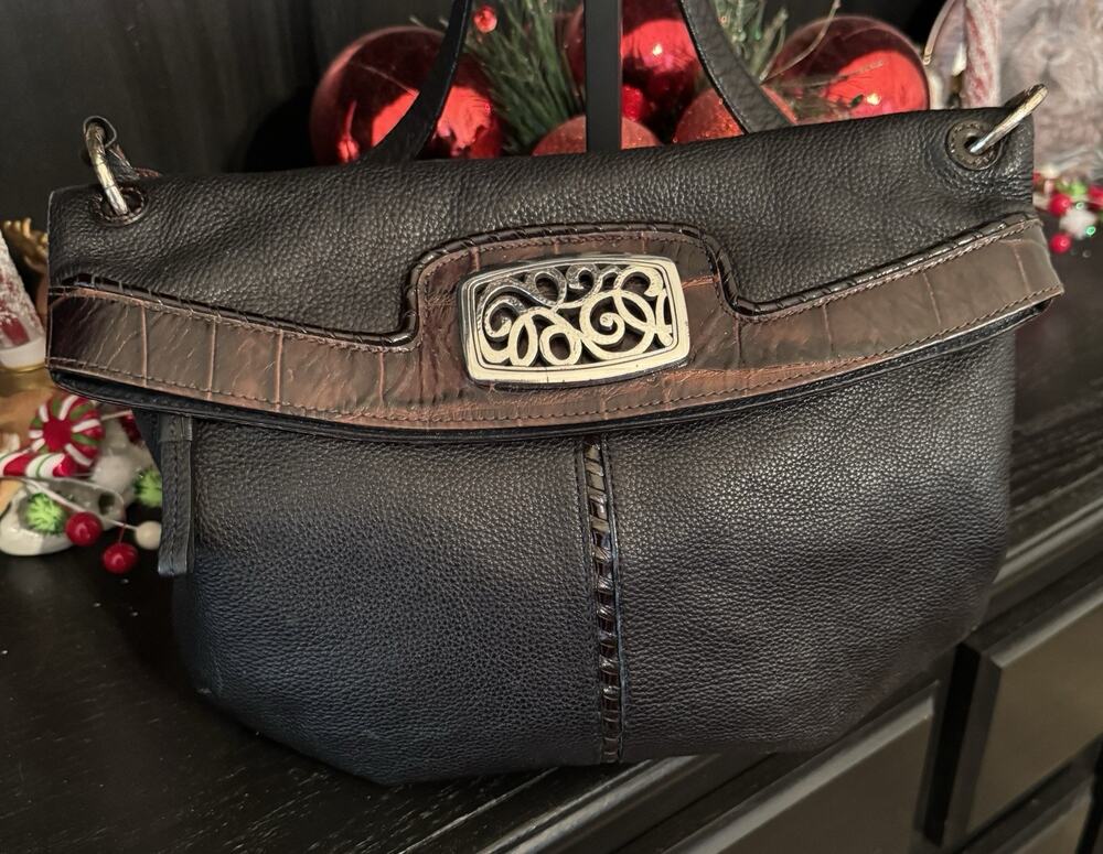 Vintage Brighton Purse Leather Black Embossed Croc Trim Shoulder Bag Fold Over